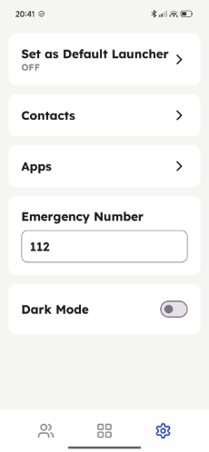 EasyLauncher Settings screen showing options for Contacts, Apps, Emergency number and Dark mode