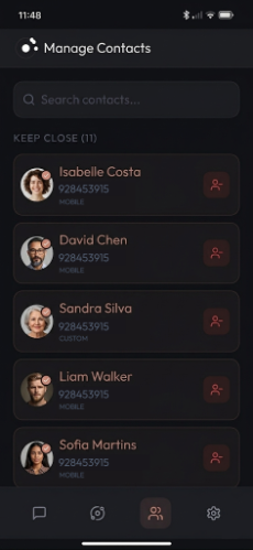 Manage Contacts screen showing a list of contacts.