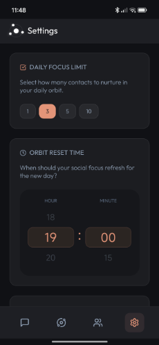 Settings screen for Gravity showing various settings options.